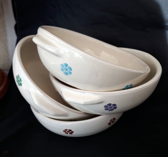 Earthenware Bowls Italian Set of 4 Ceramic Bowls with Handles Antique Glazed Majolica Clay Pot Rustic Decor Farmhouse Kitchen Clay Tableware