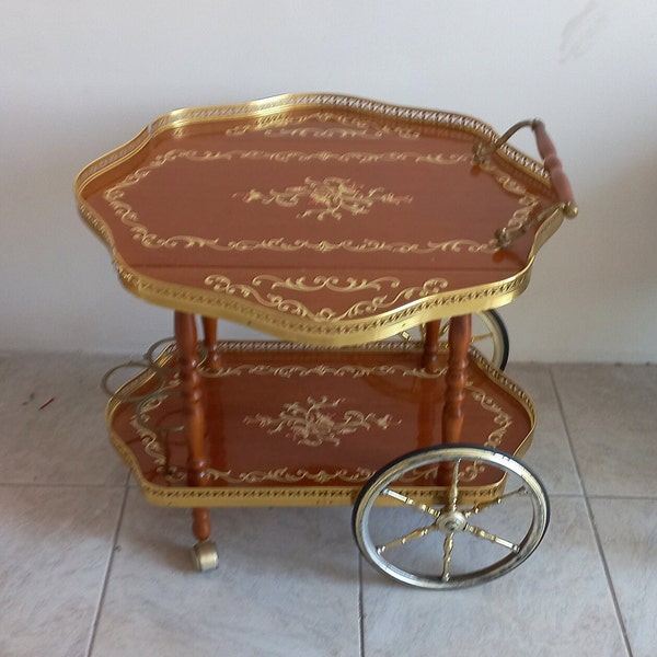 Mid Century Italian Bar Cart in Mahogany and Brass Serving Tray Florentine Style Coffee Table Hollywood Regency Serving Cart Floral Design