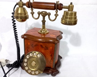 Rare Old Wooden Brass Telephone Vintage Telephone Collectible Desk Decor Antique Office Wooden Telephone Venetian Style Rotating Telephone