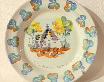 Advertising plate Grottaglie Ceramics by Nicola Fasano, Puglia. Old Apulian majolica. Hand-painted hanging plates