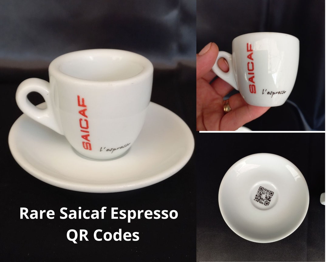 Rare saicaf Espresso Cups With QR Codes Collectible White Porcelain