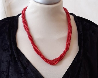 Vintage Italy 1970s 4-wire necklace Glass beads Red color Women's accessories Italian vintage costume jewelry Christmas gift