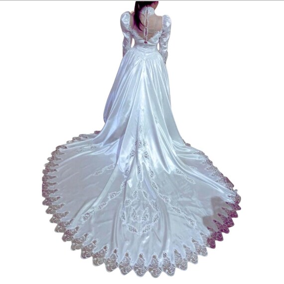 Vintage Wedding Dress Made in Italy Tailored Dress Very Long Train Satin and Lace Dress with Beaded Appliques Handmade Princess Dress