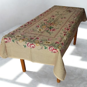 Nappe en jute rectangulaire toute neuve, peinte à la main, nappe rustique avec décor de fleurs, table de cuisine, décoration de maison de campagne, cuisine rustique
