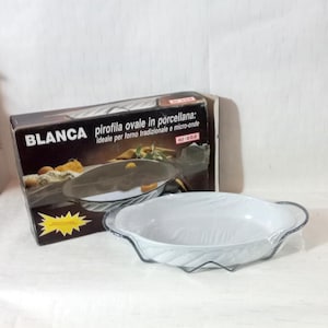 Oval Porcelain Baking Dish Steel Stand Vintage Food Holder Oven and Microwave Serving Tray