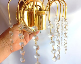 Paire d'appliques murales vintage Hollywood Regency • Cascade de lumières en laiton et cristal • Décoration glamour Mid-Century • Éclairage mural rétro italien