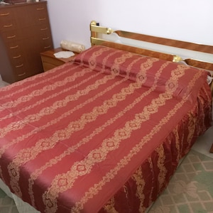 Burgundy colored silk damask double bedspread with gold embroidery Bedspread with side drapes Vintage Double Bedspread With Small Spots