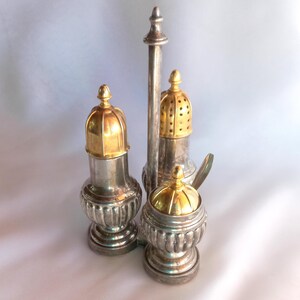 Vintage Silver & Gold Condiment Set - Salt, Pepper, and Sugar Shakers with Stand - Authentic Aged Patina - Elegant Table Decor - 17cm