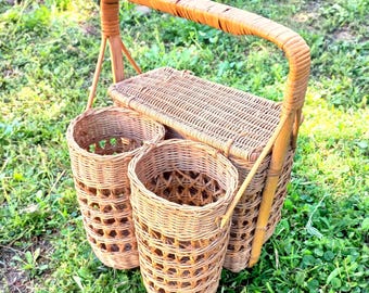 Cesta de picnic de mimbre vintage exclusiva - Doble portabotellas de vino y pan - Accesorio de picnic de ratán de lujo - Auténtica decoración rústica de granja