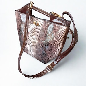 Vintage Lacquer Bag 1980s Snakeskin Print Python Dark brown color with shades Shoulder Bag With Handle Ceremony Bag Gift For Her