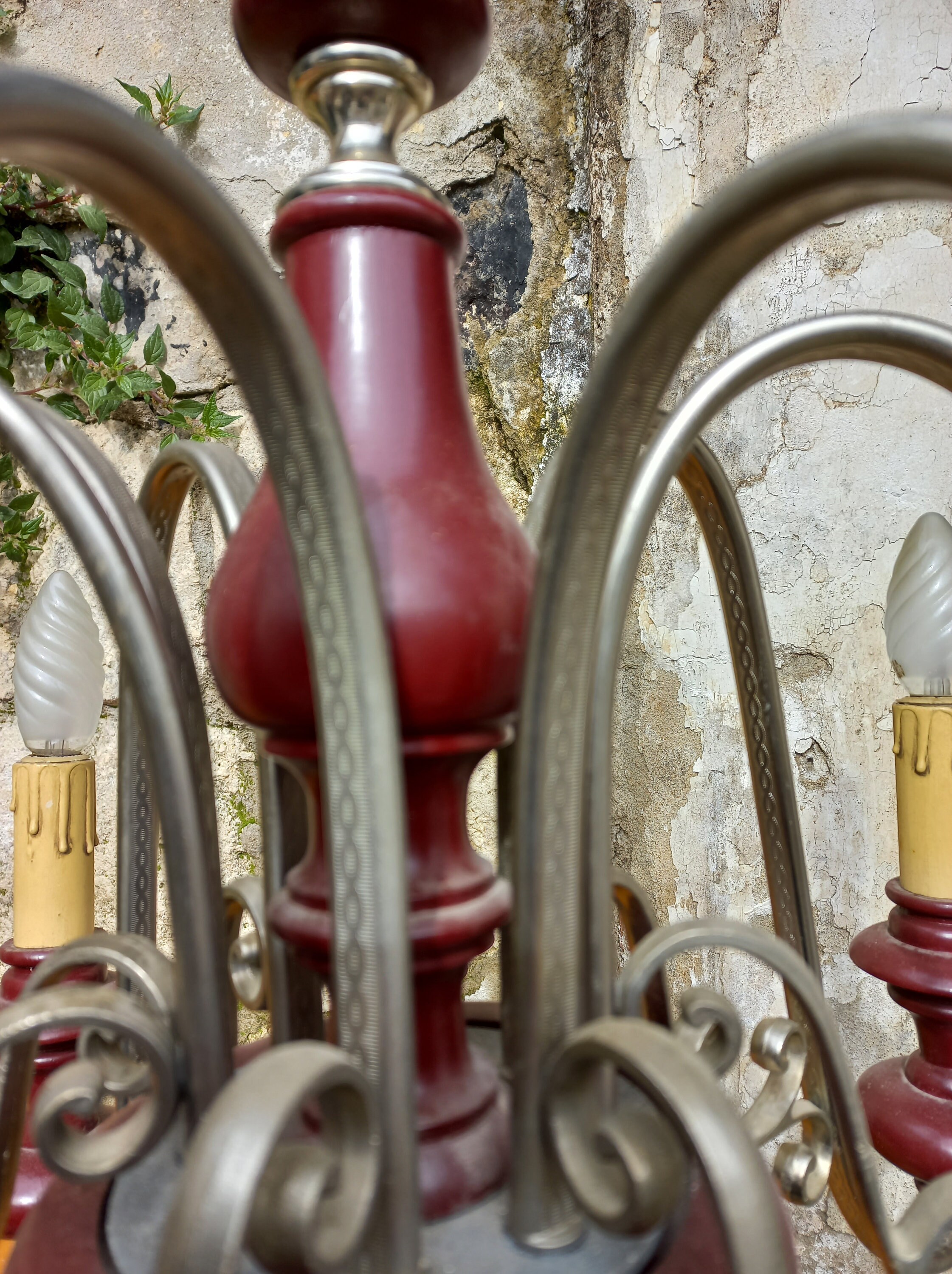Rare Large Antique Brass White and Burgundy Wood Chandelier