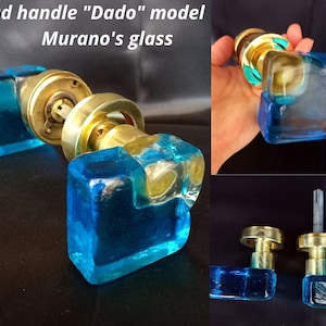 Very rare &quot;Mod. Dado Triade Murano Glass&quot; Transparent Aquamarine Glass door handle Modern 70s Handle with rosette in Murano glass Vintage