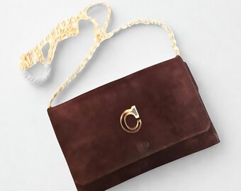 Vintage Italy 1970s Shoulder bag Genuine suede Golden chain Pocket Ceremonial bag Gift for her Christmas gift