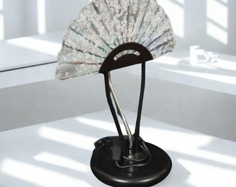 Lámpara de mesa grande posmoderna de cristal de Murano con acabado iridiscente Aurora Boreal - Diseño italiano de los años 80 - Textura Graniglia "Ice Glass" - 44 cm