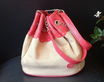 Bolso estilo cubo vintage "Carpisa" fabricado en Italia. Bolso de hombro. Bolso de piel sintética y lona. Bolso con asas. Regalo para mamá. Regalo de Navidad.