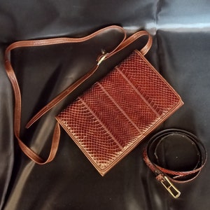 Vintage Italian Leather Set: Embossed Crossbody Bag & Matching Belt - Monogram Lined Interior - Brown Textured 2-Piece Kit - 70s Retro Style