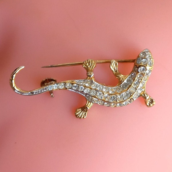 Broche antique en argent avec zircons Lézard Porte-bonheur Titre 800 Broche lézard en argent véritable Plaqué or Cadeau pour maman Cadeau pour elle