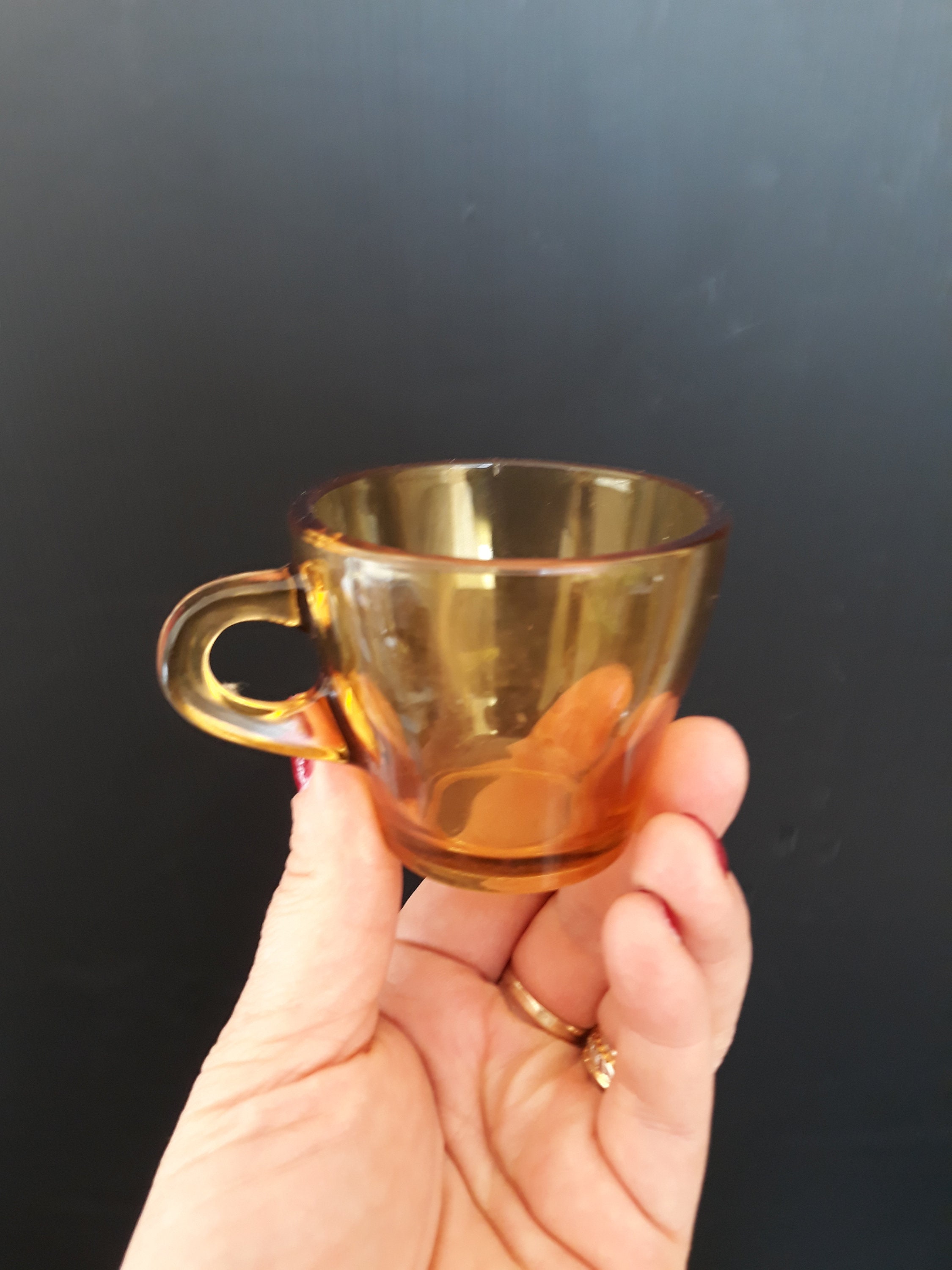 2 Vintage Italian Espresso Amber Color Glass Cups, Vintage Clear
