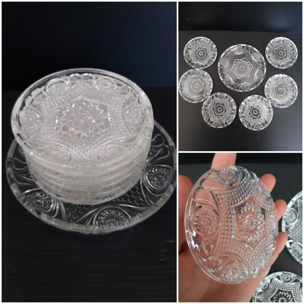 Vintage Italy 7 Pcs Set Heavy Carved Glass Coasters Coasters Table Decorations Bar Kitchen Italian Glass Art Christmas Gift