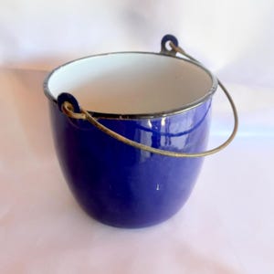 Vintage Blue Enamel Bucket 16cm • European Cobalt Enamelware Pot with Lion Hallmark • Rustic Farmhouse Decor • Primitive Metal Planter Pot