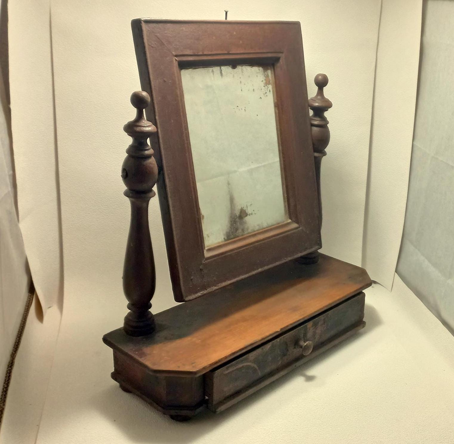 Italian Antiques 800 To be restored Swivel mirror Shelf with drawer Antique jewelry box Minimalist Wall mirror Freestanding mirror Swinging
