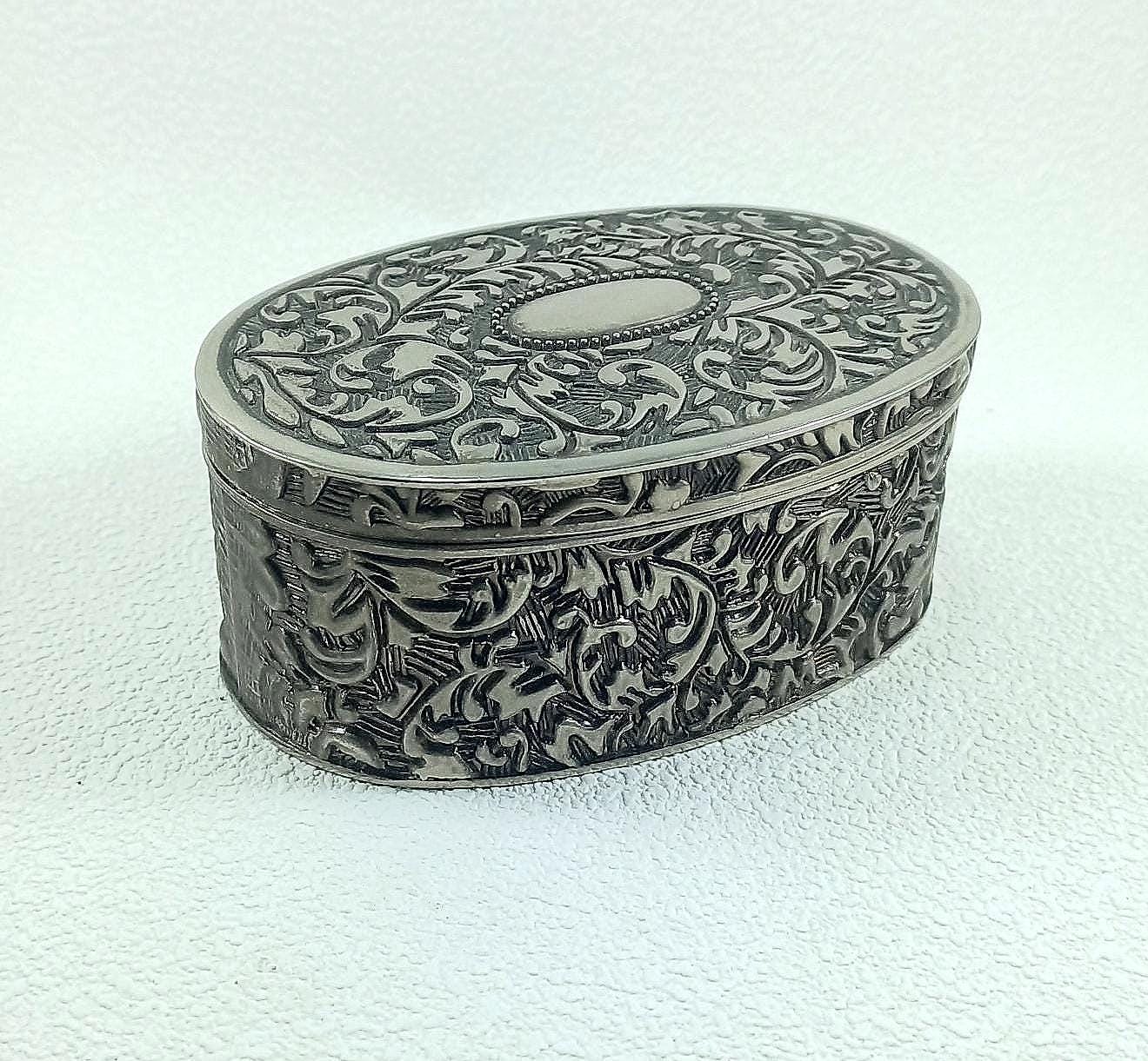 Very old 1940s-50s Metal jewelry box Interior Blue color felt Very worked Silver plated box Christmas gift Gift for her Italian silverware