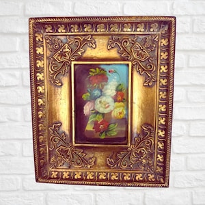 25x30cmVintage oil painting Italy &quot;Flowers&quot; Wooden frame Gold leaf Baroque style Domed picture Baroque wooden sculpture Decorations to hang
