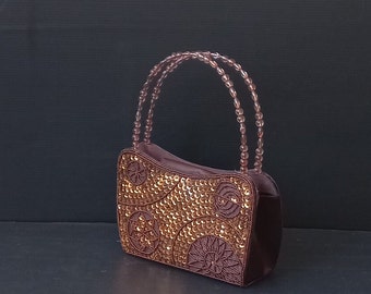 Satin and sequin ceremony bag Brown color Purse mirror Vintage handbag Woman shoulder bag Special event bag Christmas gift