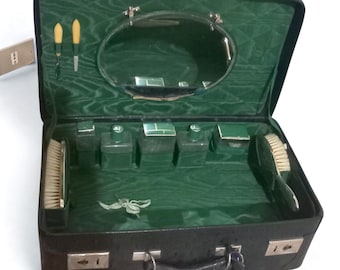 Estuche de aseo vintage italiano para hombre - Estuche de vestir verde esmeralda con accesorios - Set de aseo de viaje de mediados de siglo - Caja de aseo de lujo de 45 cm