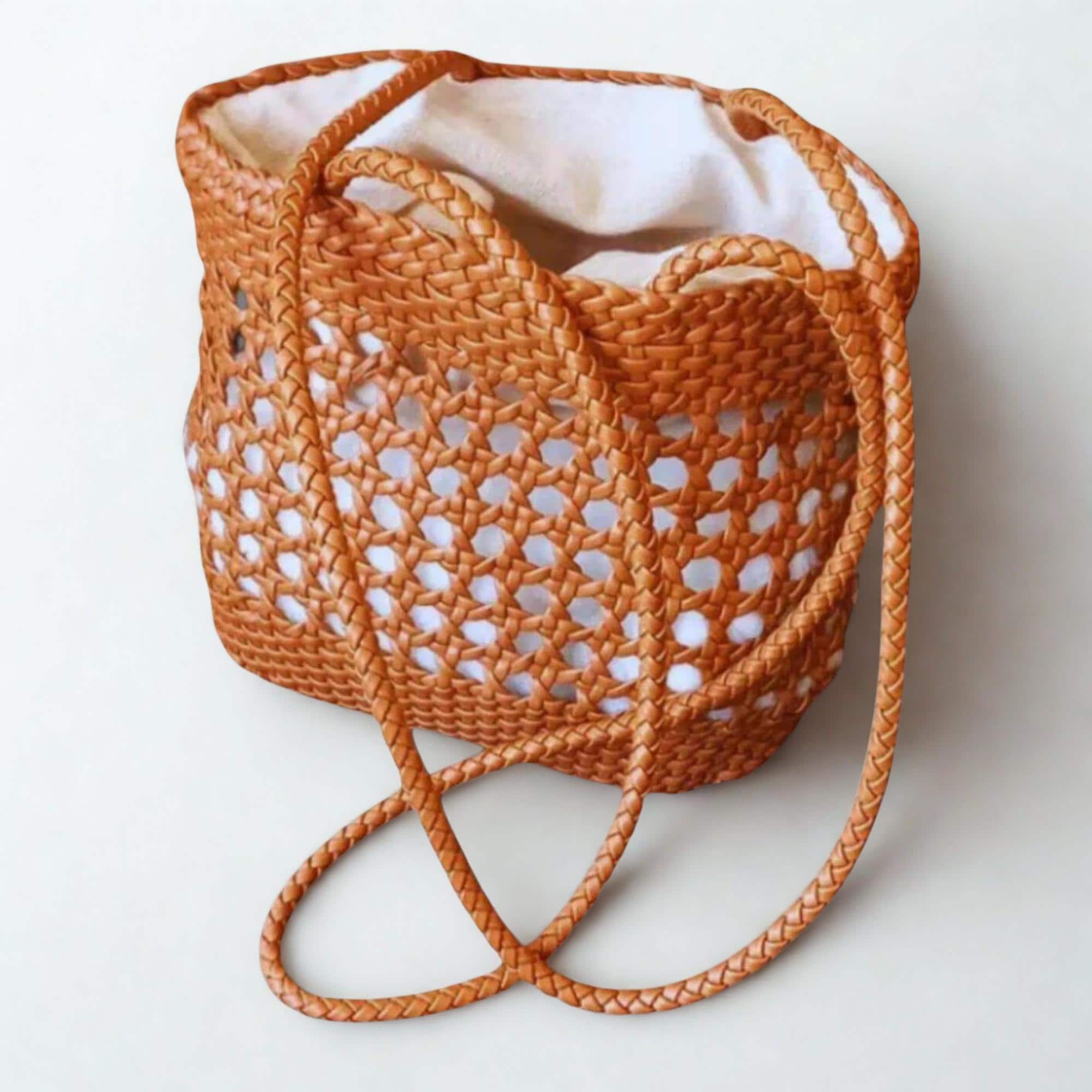 Zara Woven Net Bag, Linen & Eco-leather, Brown Summer Shoulder Bag