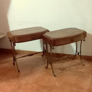 Rare A pair of antique bedside tables Early 1900s Bedside tables for bedroom Brass base Bedside tables with drawer Brass knob Brass console