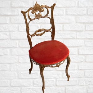 Brass chair Italian Hollywood Regency Mid Century Red velvet seat Rococo Baroque design Boudoir chair Desk chair Hallway Vintage brass
