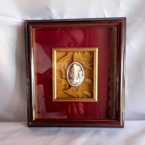 Peut inclure: Un cadre carré en bois avec une finition acajou foncé contenant un fond en velours rouge profond. Au centre se trouve un cadre doré plus petit contenant un camée ovale avec une figure en relief blanche sur fond brun sur tissu doré.