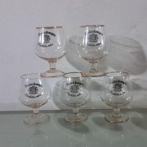 Cognac crystal glasses set 5 &quot;Old Romagna Black Label&quot; Vintage Crystal Glasses 70s Italian Advertising Glasses Collectible Vintage Liquor