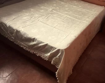 Silk Damask Bedspread, Cream Baroque Floral Decor, Chenille Trim