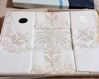 Parure de lit vintage italien brodé à la main - Draps de luxe blanc pur - Broderie florale délicate - Boîte Anditrex originale - Lit double