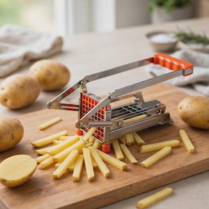 Könnte beinhalten: Ein Kartoffelschneider aus Edelstahl mit orangefarbenem Griff und Boden, ausgestattet mit einem Metallklingengitter zum Schneiden von Kartoffeln in Stifte. Das Gerät steht auf einem Holzschneidebrett, umgeben von ganzen und geschnittenen Kartoffeln.