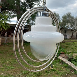 Chrome Chandelier 1 Lights UFO shape Mid Century Modern Murano Chandelier 1950s Opal Glass Space Age Sputnik Chandelier