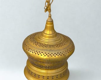 Antique Pierced Brass Dome Lid 55cm, Vintage Architectural Salvage Lampshade, Ornate Brass Bell Cloche, Classical Figurine Pediment