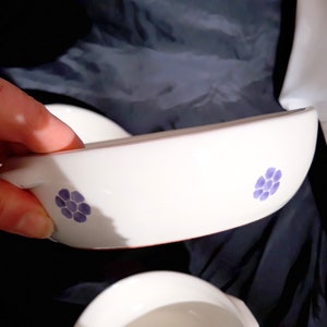 May include: Two white ceramic bowls with a blue floral design. The bowls are slightly curved and have a lip around the edge.