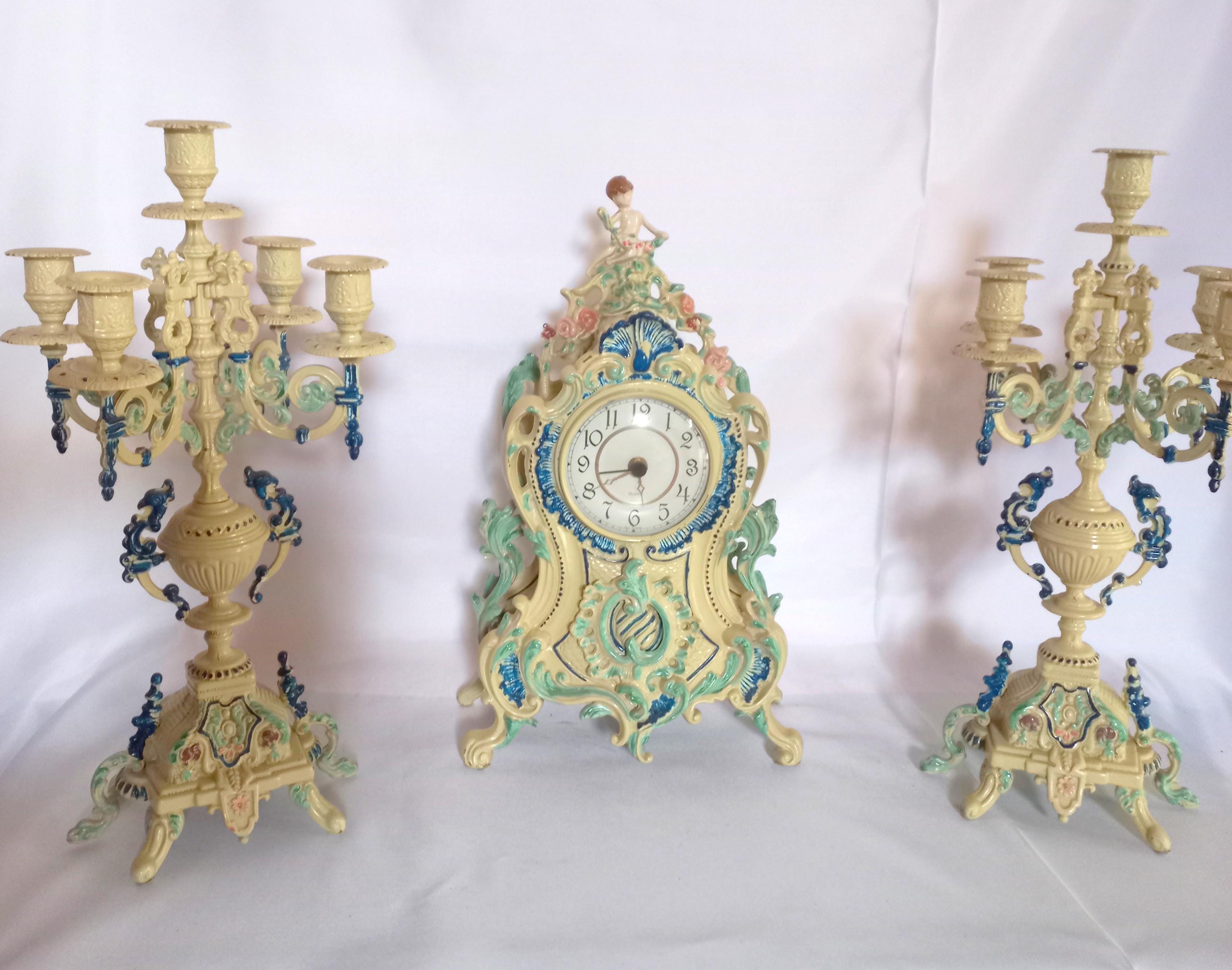 Antique Italian Enamel & Brass Mantel Clock Set, 3-piece Rococo