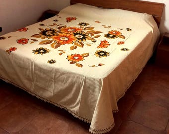 Vintage 1970s, Cotton Bedspread, Painted Floral Print, Fringed Edges, Rustic Bedroom Decor