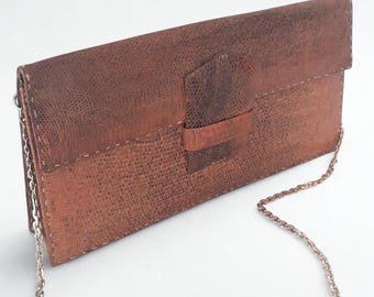Rare Unica Clutch bag Handmade Genuine leather 1950s See the stitching Vintage Italy Shoulder bag with chain Women's accessorie Gift for her