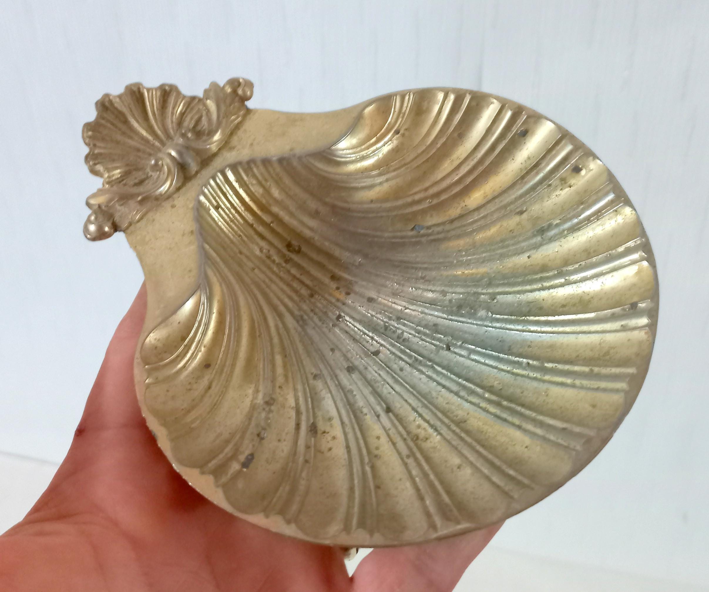 Vintage USA Large Brass Ashtray Heavy Shell Shape 1950s Brass