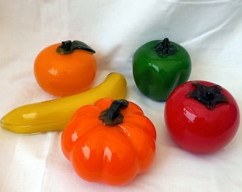 Murano glass 1970s Italian fruit and vegetables Sculpture glass  Pumpkin Orange Green Pepper Tomato Banana Still life Collectible Glass