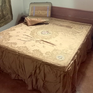 Rare find Coordinated Bedroom Set Embroidered silk satin bedspread Silk satin valance Powder color with gold embroidery Fabric for drapes
