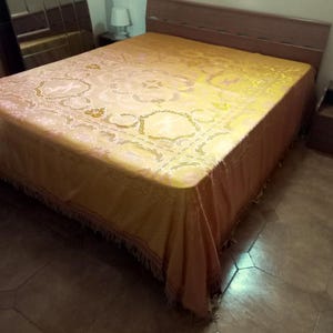 Rare Silk Damask Bedspread with spots Very Light pink-Gold Baroque Style Hand Knotted Trimmings Silk bedspread Silk damask Decorations