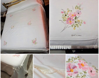 New Vintage Italia Dal Baule della Nonna Bedspread Hand Painted  Cotton and 50% Acetate Cream Bride's Bed Wedding Gift Vintage Linen Bedroom