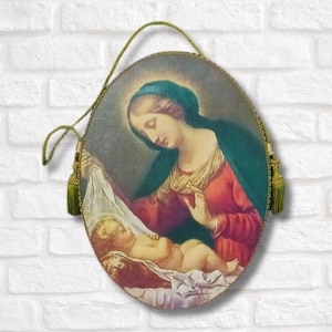 Ancienne menuiserie napolitaine artisanale Ruggiero-1860 Reproduction sur bois de la « Madonna del Belo » par Carlo Dolci Handmade Imagine