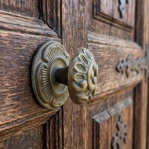 Poignée de porte en laiton antique 290 g - Rosace victorienne 9 cm / Bouton 7 cm - Poignée de porte vintage lourde, boulon de 8,5 cm, poignée de porte italienne antique en laiton